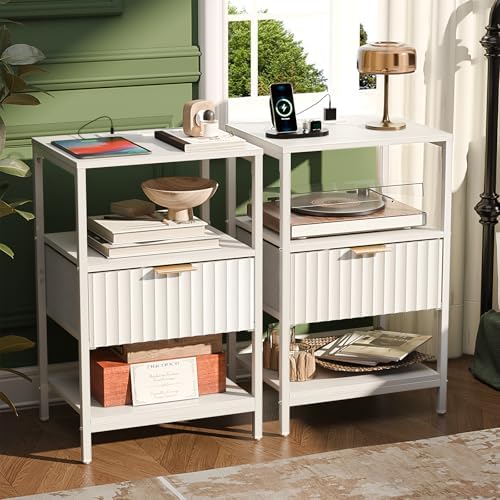 VINGLI Nightstands Set of 2 with Fabric Drawer, White Nightstands with Charging Station, Fluted Night Stand/Bedside Table, Small Night Stand for Bedroom, Bed Side Table with Charging Station, 2 pcs