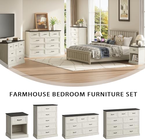 Farmhouse 9 Drawer Dresser for Bedroom, 55" White Dresser with TV Stand