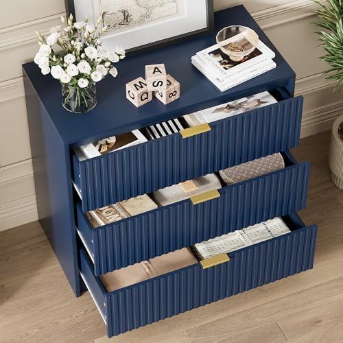 Furniway Navy Blue Dresser for Bedroom, Modern Dresser with 3 Drawers and Smooth Slides, Wide Chest of Drawers with Golden Handles for Bedroom, Living Room, Closet, 15.7" D x 31.5" W x 29.6" H