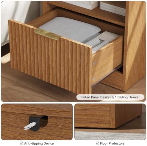 3Pcs 9 Drawer Dresser and 1-Drawer Nightstand Set, Natural Wood丨63 Wide Fluted Bedroom Dresser Set Night Stand Set of 2, Modern Wood Chest of Drawers Storage Dressers Set for Bedroom