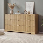 Wooden 9 Drawer Dresser for Bedroom, Fluted Dresser with Storage and Metal Handle, Modern Chest of Drawers for Living Room, Entryway, Natural Oak