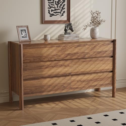 CHUWELL 51.1" Wide Walnut 7 Drawer Dresser for Bedroom with Solid Wood Legs