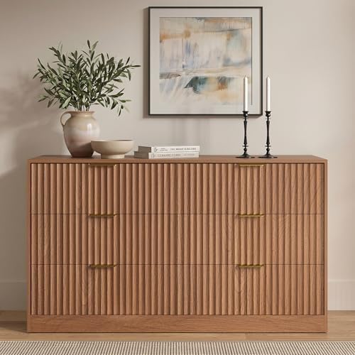 6 Drawer Dresser for Bedroom, 55" Wide Fluted Chest of Drawers