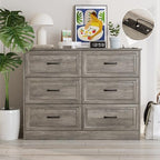 Fameill Dresser for Bedroom, 6 Drawer Wide Dresser Organizer with Charging Station, Tall Dresser for Hallway, Wood Dresser with Metal Handles, Ash Grey