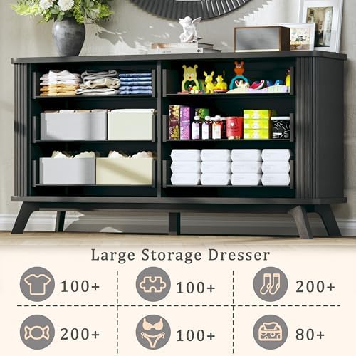 HUAHUU Fluted 6 Drawers Dresser for Bedroom, 55" Mid Century Modern & Chests of Drawers, Curved Profile Design, TV Stand, Wood Storage Dresser for Entryway, Hallway, Black