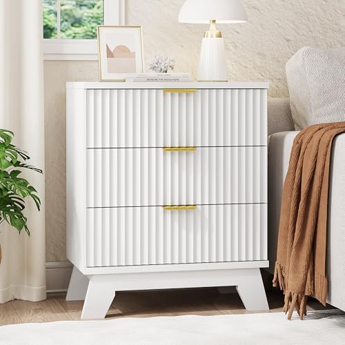 Xixini Fluted Nightstand with 3 Drawers, 24" Wide Side Table, White