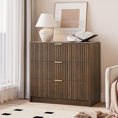MAISONARIA Fluted Dresser for Bedroom, 32 Inch Wide Nightstand with Large Drawer, 3 Drawer End Table for Bedroom, Living Rooms, Offices, and Entryways, Walnut