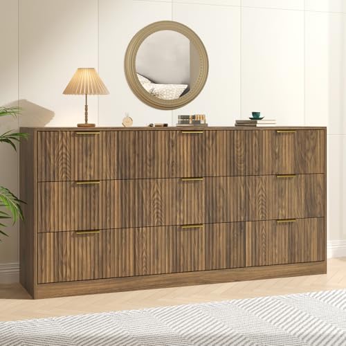 Walnut Dresser with 9 Drawer 63" Wide Fluted Dresser for Bedroom丨Long Dresser Modern Chest of Drawers with Gold Handle, Wood TV Stand Storage Organizer for Bedroom, Living Room, Walnut