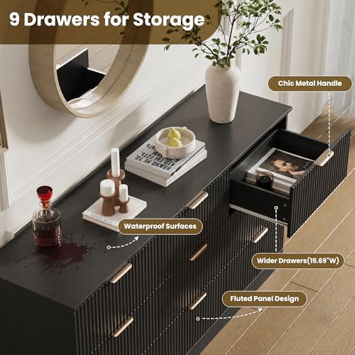 MALOL Fluted 9 Drawer Dresser for Bedroom, 59" Wide Wood Chest of Drawers with Metal Handle, Long Dresser Storage Organizer TV Stand for Closet, Living Room, Hallway, Black