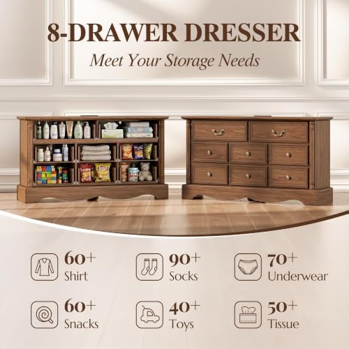 Farmhouse 8-Drawer Dresser with Charging Station for Bedroom
