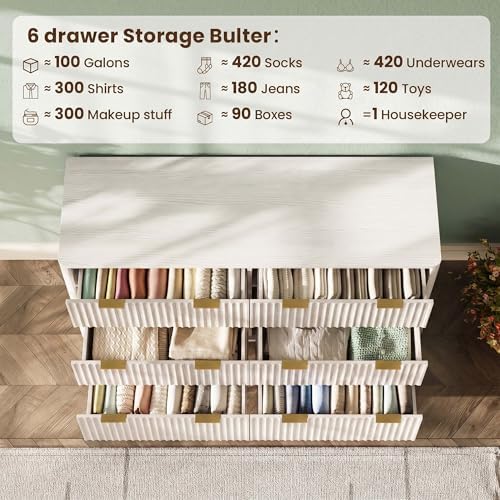 47" Wide Fluted 6 Drawers Dresser for Bedroom,Curved Edge,White