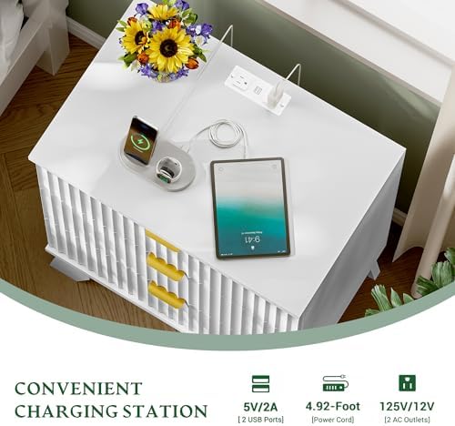 Xixini Fluted Nightstand with Charging Station, Tall Bedside Table, White
