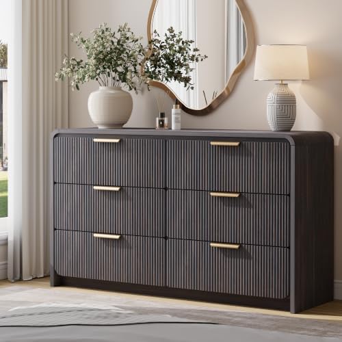47" Fluted 6 Drawer Dresser for Bedroom, Living Room, Entryway Black Walnut