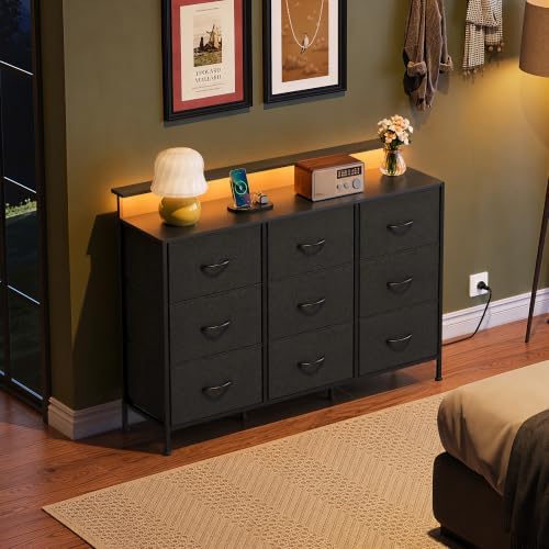 WLIVE Black Dresser TV Stand 9 Drawers, Fabric Chest of Drawers LED Lights