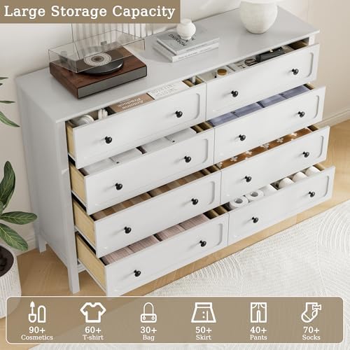 Tradare White Dresser for Bedroom, 8 Drawer Dresser with Metal Handles, 55" Wide Modern Dressers & Chest of Drawers for Living Room, Hallway, Entryway