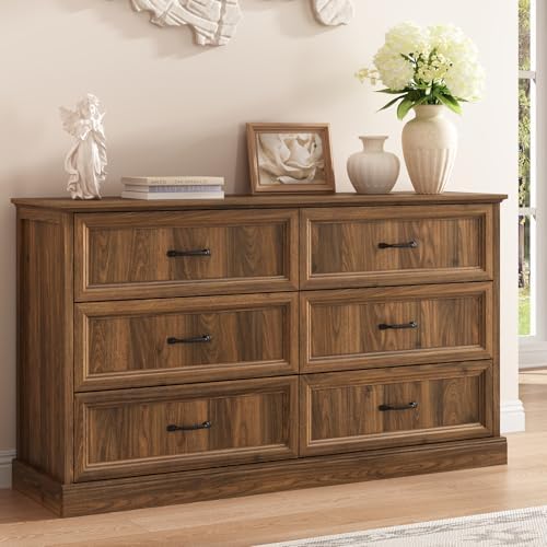 Farmhouse 6 Drawer Dresser for Bedroom, 55" Walnut Dresser with TV Stand