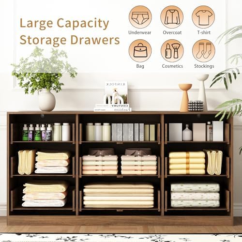 9 Drawer Fluted Dresser for Bedroom with Deep Drawers, Walnut丨63 Wide Wood Dresser, Large Chest of Drawers, Modern Long TV Stand, Storage Cabinet Side Table for Living Room, Hallway