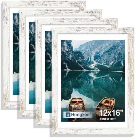 Hongkee 12x16 Picture Frame Set of 4, 12x16 Distressed White Wood,Mat 11x14