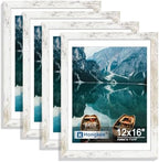 Hongkee 12x16 Picture Frame Set of 4, 12x16 Distressed White Wood,Mat 11x14