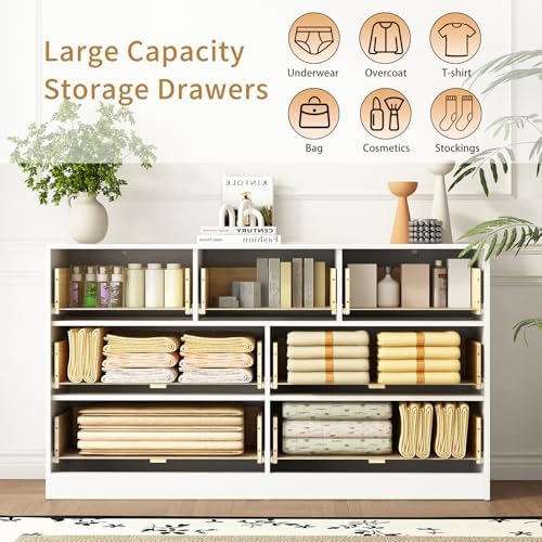 7 Drawer Fluted Dresser with Deep Drawers for Bedroom, White丨55 Wide Mid Century Dresser, Modern Chest of Drawers, Wood TV Stand Storage Organizer for Closet, Living Room, Hallway