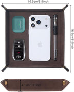 Valet Tray Desktop Storage Organizer – Premium PU Leather Catchall Bedside Vanity Tray Nightstand Caddy Holder for Remote Controller, Keys, Phone, Wallet, Coin, Jewelry,Brown