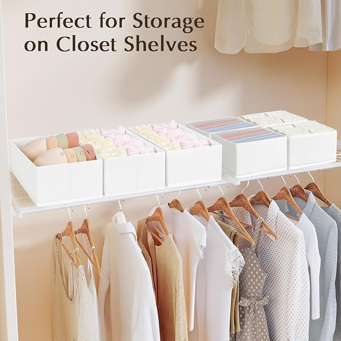 DIMJ Drawer Organizers Clothes, Set of 16 Dresser Organizer Bins, Fabric Closet Organizers and Storage, Shallow Drawer Dividers for Nursery, Clothing, Baby Clothes, Socks, Underwears, Tie (White)