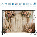 Bohemian Pampas Grass Art Photography Backdrops Retro Boho Flowers Window Photography Background Bohemian Room Backdrops Adult Birthday Wedding Maternity Portrait Decor Backdrop (5x3feet) - size: 5x3feet