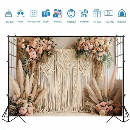 Bohemian Pampas Grass Art Photography Backdrops Retro Boho Flowers Window Photography Background Bohemian Room Backdrops Adult Birthday Wedding Maternity Portrait Decor Backdrop (5x3feet) - size: 5x3feet