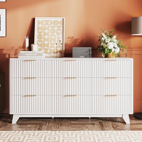 Bonnlo Fluted Dresser, 57" Wide Dresser Wood, Large 9 Drawer Dressers for Bedroom with Metal Handle, Wooden Dresser TV Stand, White