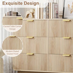 QUW Fluted 59.1" Wide Modern Dresser for Bedroom with 9 Drawers, Tall Chest of Drawers with Metal Handle, Wooden Dresser TV Stand, Hallway, Living Room, Natural Oak
