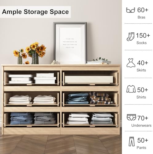 Vibe & Dine 6 Drawer Double Dresser, Modern Chest of Drawers with Wide Storage for Closet, Bedroom, Living Room, Natural Wood