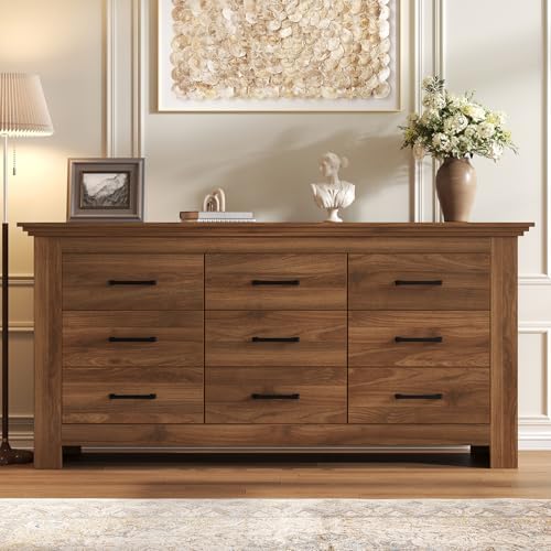 9 Drawer Dresser for Bedroom, Wood Dresser Chests of Drawers with Metal Handle, Triple Wide Dressers, Vintage Design Storage Chest Cabinet and Organizer Drawers for Closet, Hallway, Entryway, Walnut