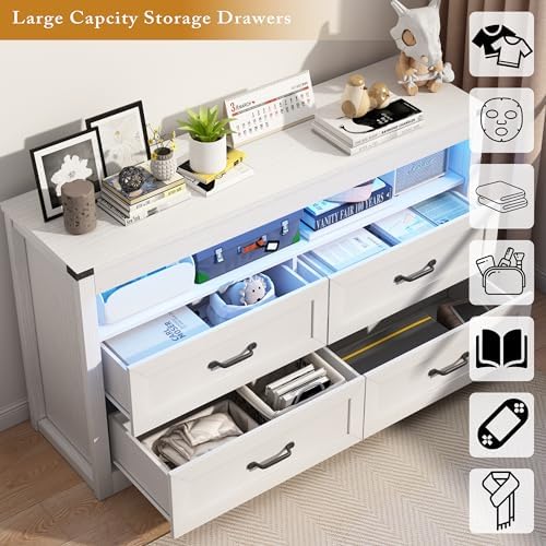 Wodeer White Dresser for Bedroom, Wood 4 Drawer Dresser with LED Light, Dressers & Chests of Drawers with Metal Handles, Storage and Organization for Bedroom, Hallway, Entryway