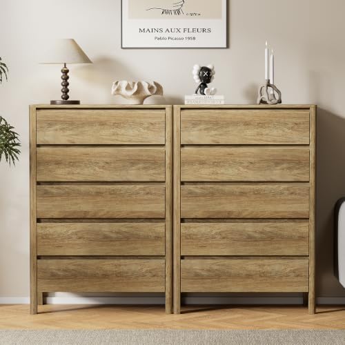 Furniway 45" Tall 5 Drawer Wood Dresser for Bedroom with Legs, Natural Oak