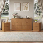 7 Drawer Dresser & 2-Drawer Nightstand Set 3-Piece, Natural Wood丨55 Wide Bedroom Set Night Stand Set of 2 with Metal Handle, Fluted Wood Chest of Drawers Storage Dressers Set for Bedroom