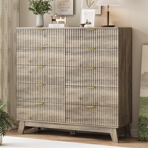 Xixini Fluted Dresser for Bedroom with 10 Drawers, 48" Wide Modern Chest of Drawers with Metal Handle, Wooden Dresser TV Stand, Wood Closet Clothes Storage Organizer for Living Room, Hallway, Grey