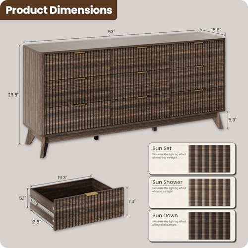 63" Wide Fluted 9 Drawers Dresser for Bedroom,Curved Edge,Walnut