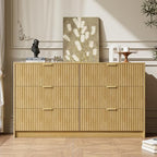 MAISONARIA 6 Drawer Dresser for Bedroom, 55" Wide Modern Chest of Drawers with Gold Metal Handles, Fluted Wood TV Stand for Living Room, Hallway, Natural