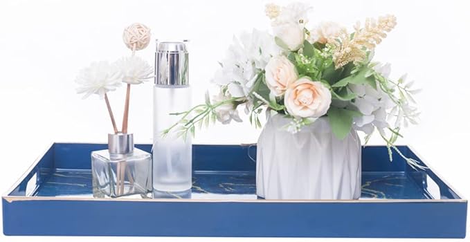 MAONAME Decorative Tray, Plastic Marbling Tray with Handles, Rectangular Coffee Table Trays and Serving Trays for Ottoman, Bathroom, 15.7” x 10.2”, Blue