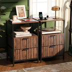 VINGLI Nightstands Set of 2 with Fabric Drawers, Walnut Nightstand with Charging Station, Night Stands Fluted Bedside Tables/End Tables with Charger Station, Side Table Bedroom, Small Night Stand
