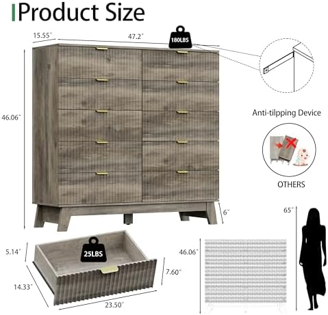 Xixini Fluted Dresser for Bedroom with 10 Drawers, 48" Wide Modern Chest of Drawers with Metal Handle, Wooden Dresser TV Stand, Wood Closet Clothes Storage Organizer for Living Room, Hallway, Grey