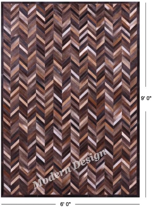 Modern Design Premium Cowhide Leather Carpet with Chevron Pattern, Area Rug (Natural Multi Brown, 9'6"x14'0)