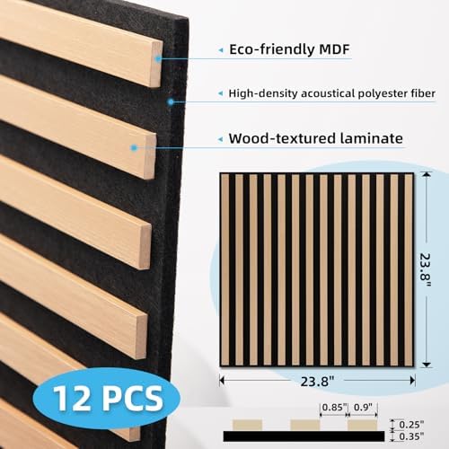 Art3d 12-Pack Acoustic Slat Panel & Ceiling Tile, 2 x 2 ft, Natural Oak