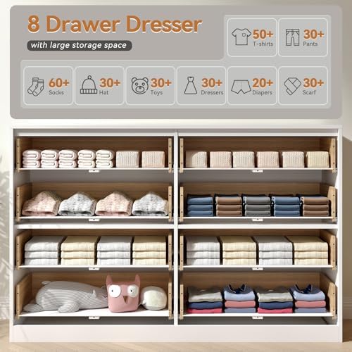 White Dresser with 8 Drawer 55" Wide Fluted Dresser for Bedroom丨Double Drawer Dresser Modern Chest of Drawers with Gold Handle, Wood TV Stand for Bedroom, Living Room, Entryway, White