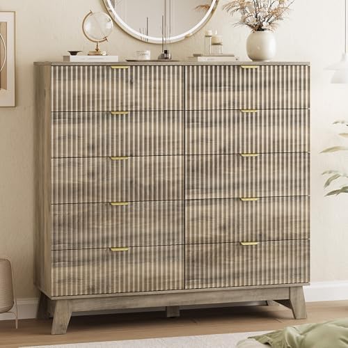 Xixini Fluted Dresser for Bedroom with 10 Drawers, 48" Wide Modern Chest of Drawers with Metal Handle, Wooden Dresser TV Stand, Wood Closet Clothes Storage Organizer for Living Room, Hallway, Grey