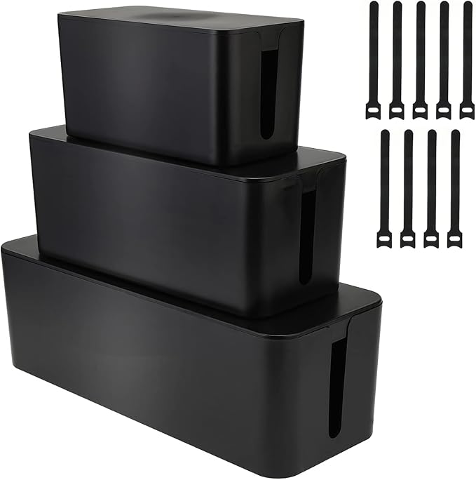 YaeCCC Cable Management Organizer Box Power Strips Hider Power Cords Hider for Desk, TV, Computer, USB Hub,Cords (Set of Three) Black