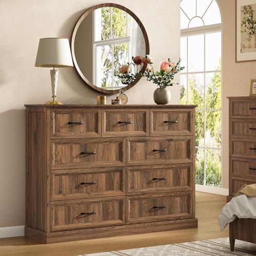 Farmhouse 9 Drawer Dresser for Bedroom, 55" Walnut Dresser with TV Stand