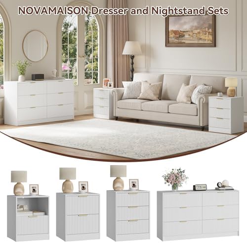 6 Drawer Dresser & 3-Drawer Nightstand Set 3-Piece, White丨Long Dresser and Night Stand Set of 2 with Metal Handle, Fluted Modern Wood Chest of Drawers Storage Dressers Set for Bedroom