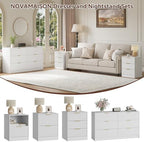 6 Drawer Dresser & 3-Drawer Nightstand Set 3-Piece, White丨Long Dresser and Night Stand Set of 2 with Metal Handle, Fluted Modern Wood Chest of Drawers Storage Dressers Set for Bedroom