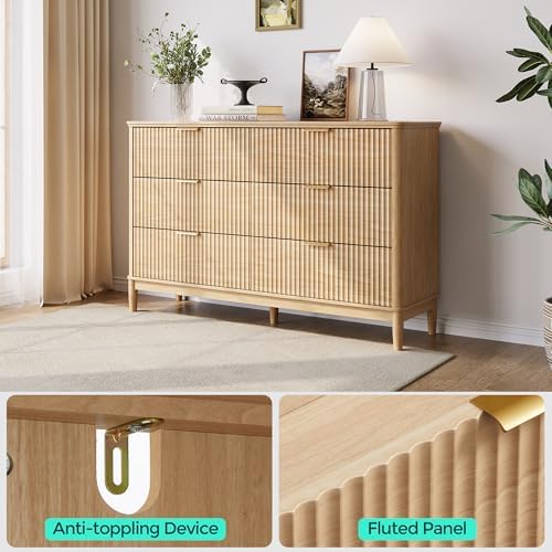 LINSY Fluted Dresser for Bedroom with 6 Drawers, Mid Century Modern Chest of Drawers with Gold Metal Handles, Wide Boho Wood Dressers, Large Farmhouse Storage Cabinet for Bedroom, Living Room, Oak